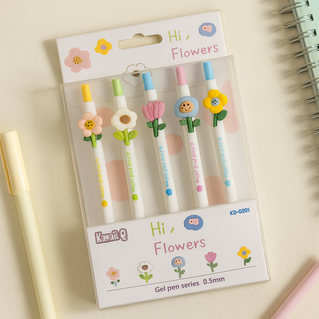 Kiqoo Hi-Flower Gel Pens 🌸🖊️ (Pack of 5)