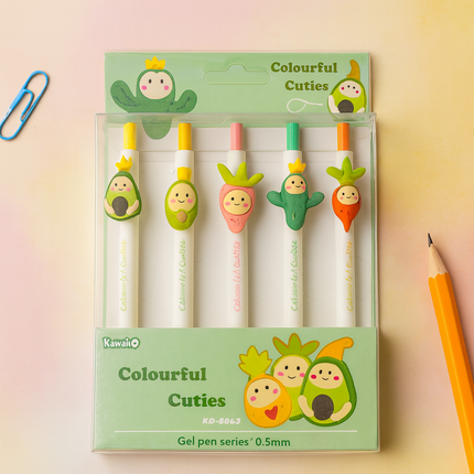 Kiqoo FruityCuties Gel Pens (Pack of 5)🍍🖊️